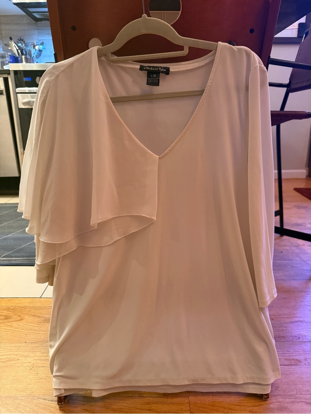 Michael Tyler Ivory Asymmetrical Chiffon Cape Ruffle Blouse L Made in Canada